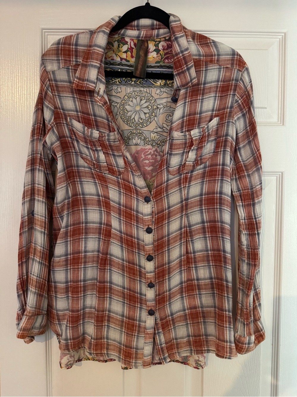 Women's Vintage Rust Plaid Button up with hand stitched back with beads.